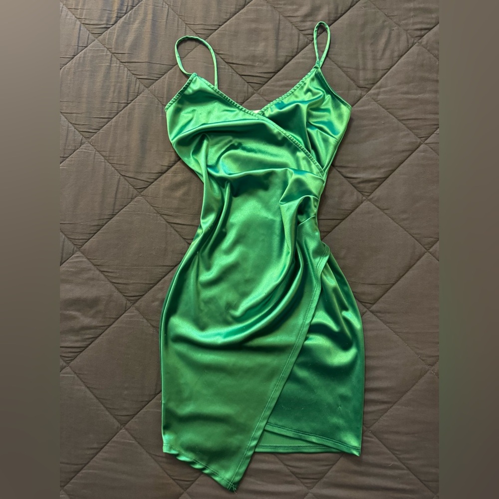 Green Satin Slip Dress - Picture 3 of 7